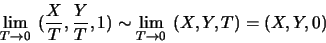 \begin{displaymath}\lim_{T\to 0}~(\frac{X}{T},\frac{Y}{T}, 1)
\sim
\lim_{T\to 0}~(X,Y,T)
=
(X,Y,0)
\end{displaymath}
